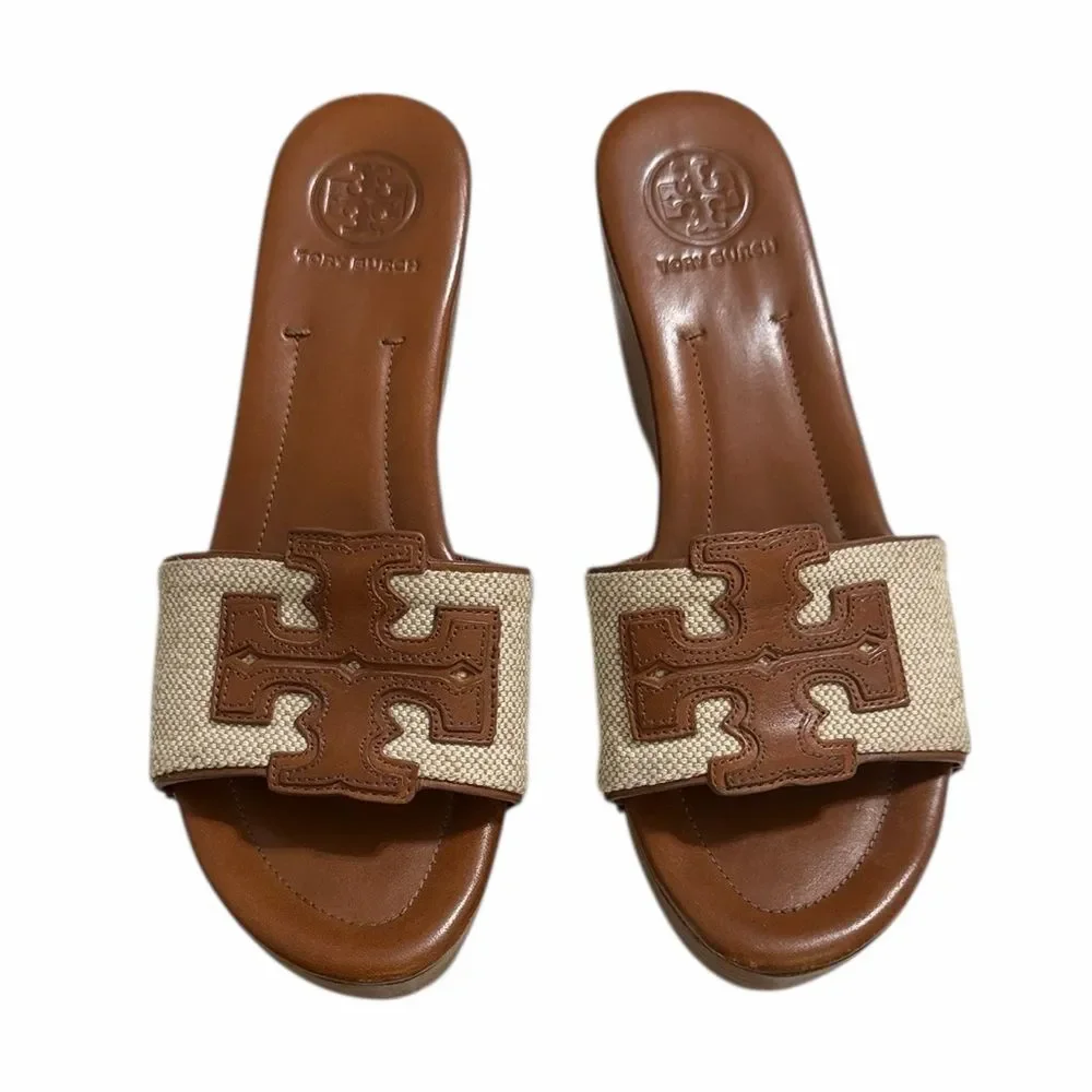 Tory Burch Brown and Tan Wedge Slide Sandals Size 7.5